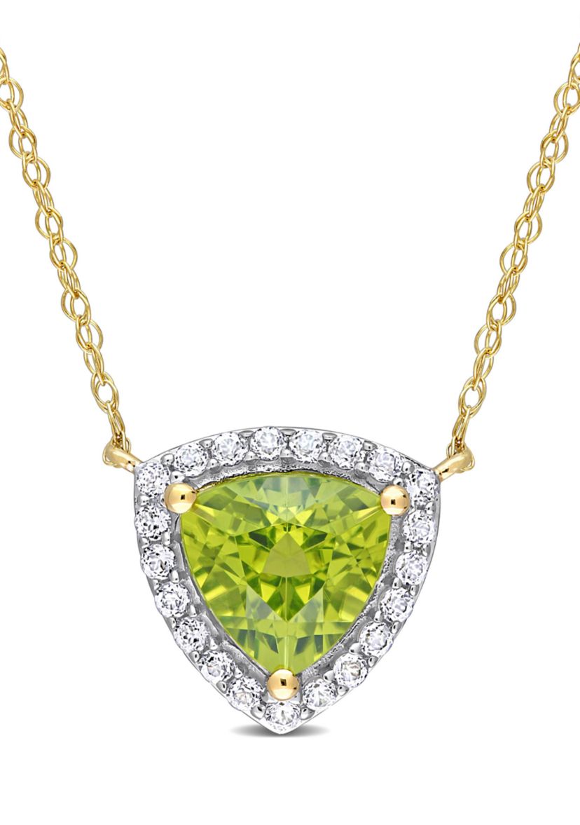 1.5 CT TGW Peridot and White Topaz Trillion Halo Necklace in 10k Yellow Gold