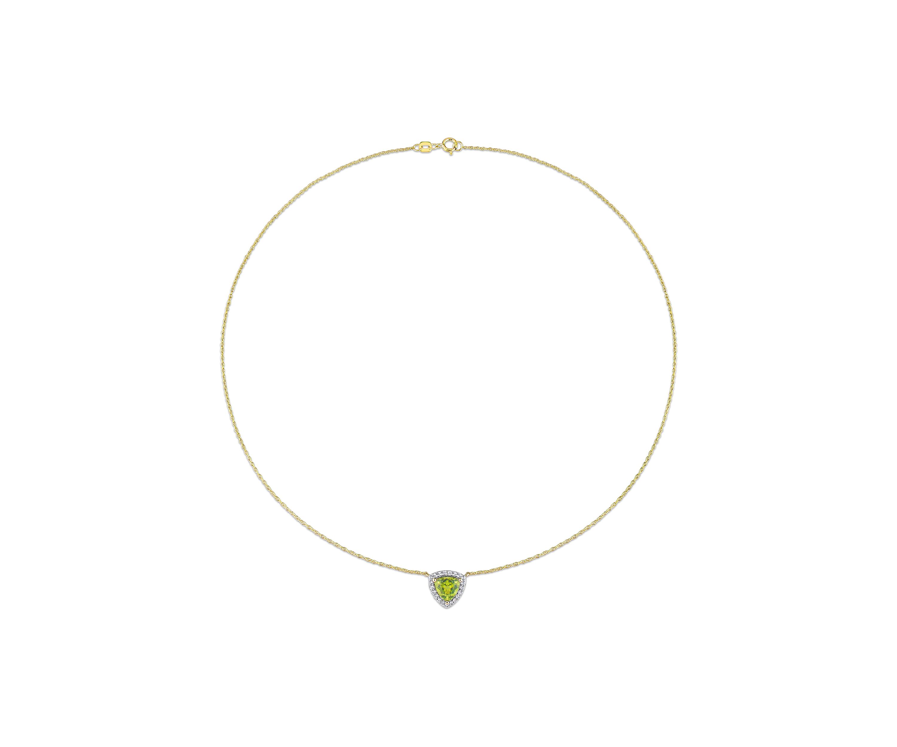 1.5 CT TGW Peridot and White Topaz Trillion Halo Necklace in 10k Yellow Gold