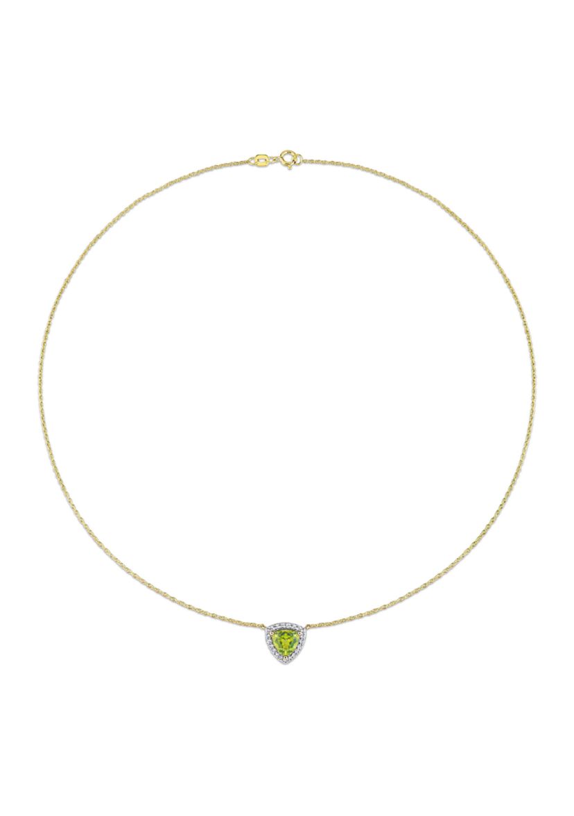 1.5 CT TGW Peridot and White Topaz Trillion Halo Necklace in 10k Yellow Gold