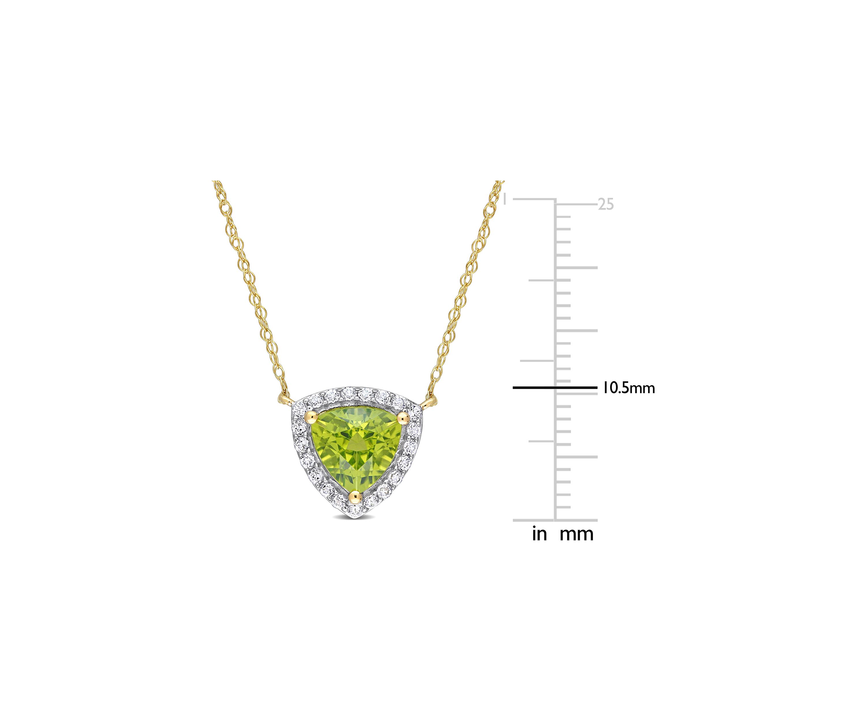 1.5 CT TGW Peridot and White Topaz Trillion Halo Necklace in 10k Yellow Gold