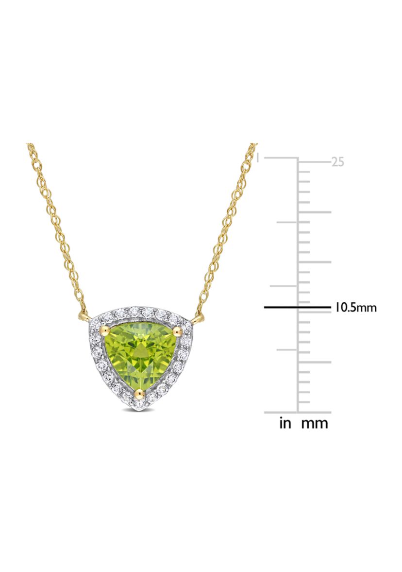 1.5 CT TGW Peridot and White Topaz Trillion Halo Necklace in 10k Yellow Gold