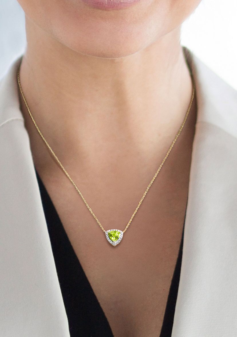 1.5 CT TGW Peridot and White Topaz Trillion Halo Necklace in 10k Yellow Gold