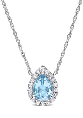 Belk & Co 1 CT TGW Blue Topaz and White Topaz Teardrop Halo Necklace in 10k White Gold, 17