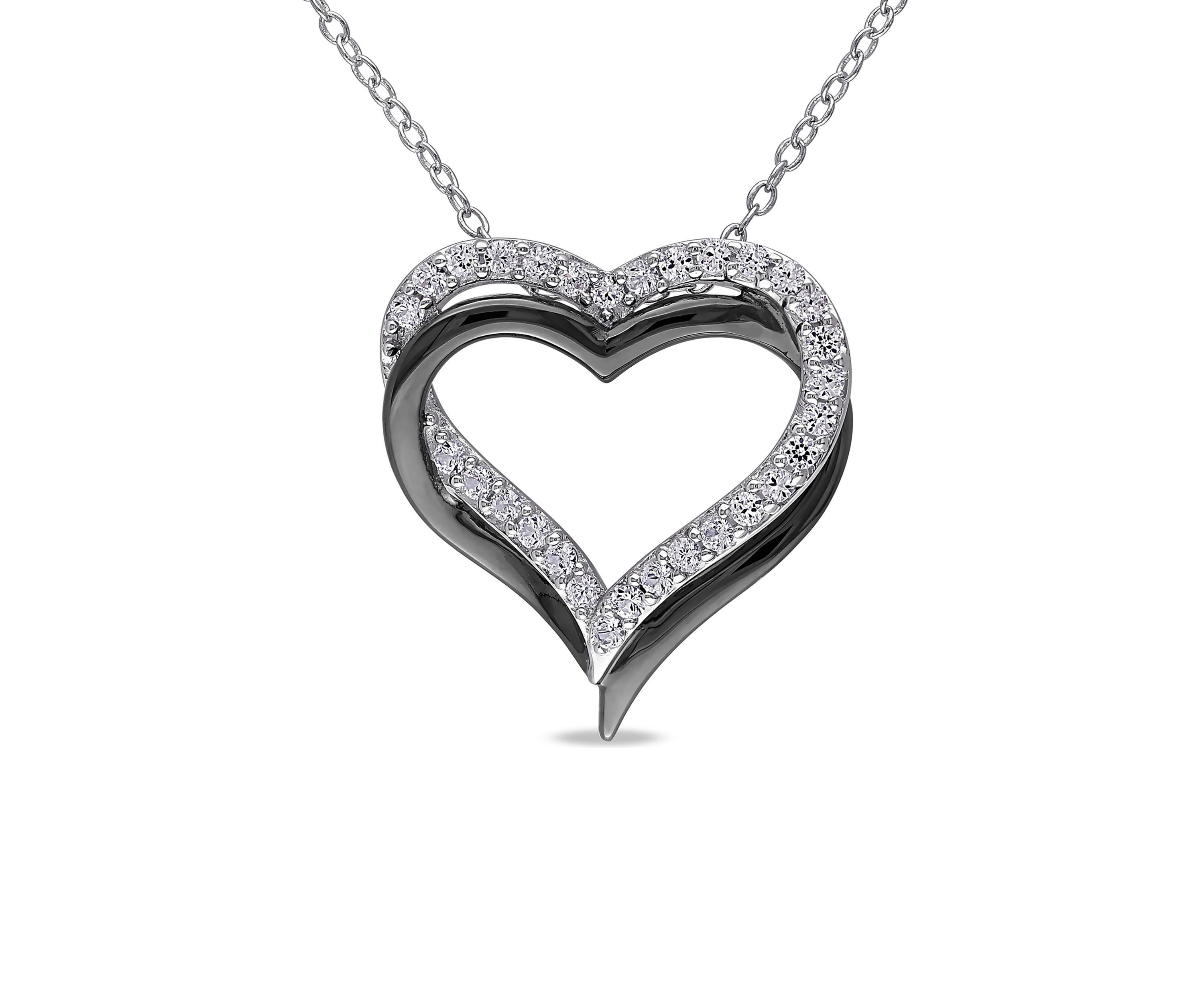 Lab Created 5/8 CT TGW Created White Sapphire Crossover Heart Necklace in Sterling Silver with Black Rhodium