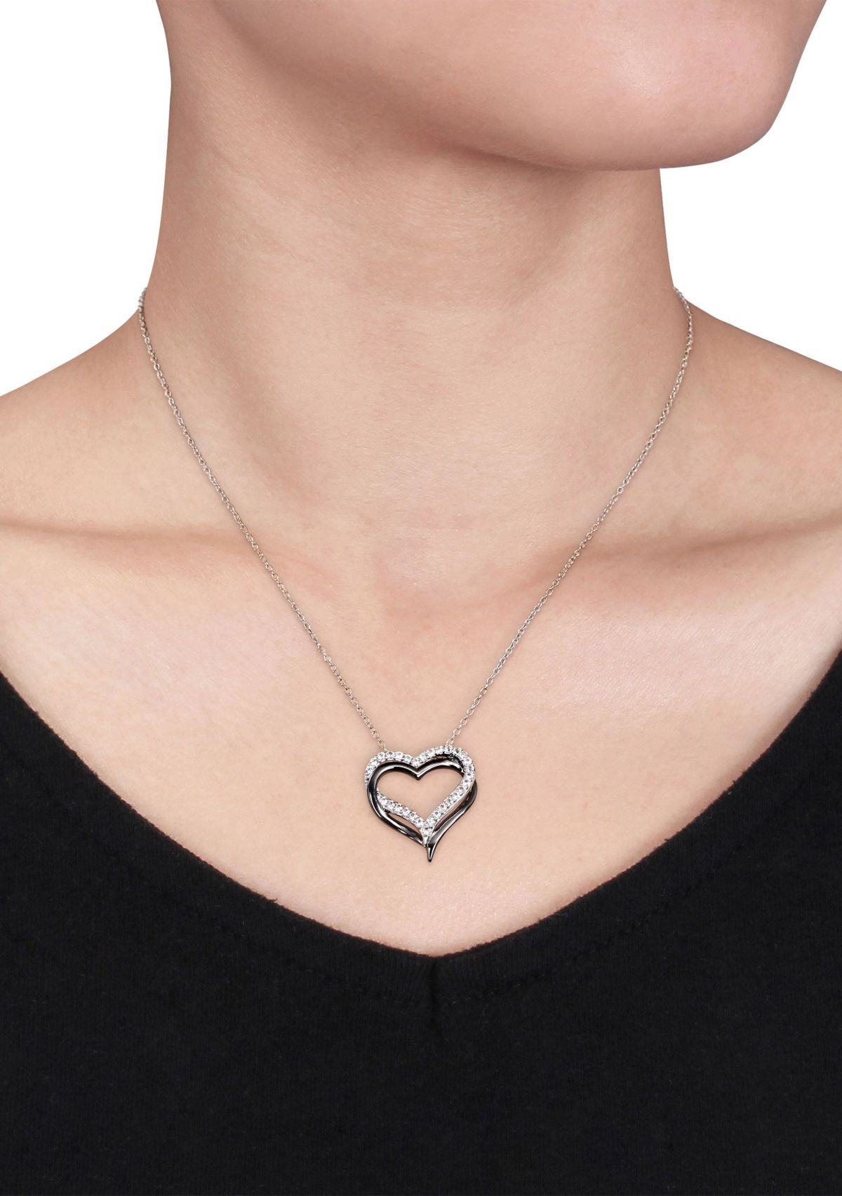 Lab Created 5/8 CT TGW Created White Sapphire Crossover Heart Necklace in Sterling Silver with Black Rhodium