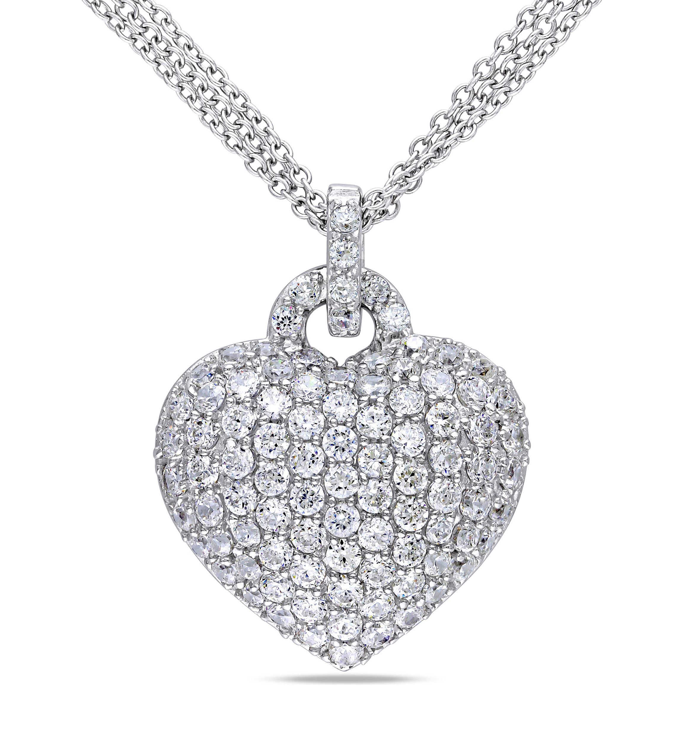 Lab Created 3.5 CT TGW Created White Sapphire Heart Triple-Strand Chain Necklace in Sterling Silver