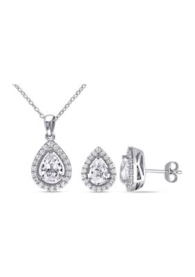 Belk & Co Lab Created 2-Piece Set Created White Sapphire Teardrop Halo Necklace and Stud Earrings in Sterling Silver