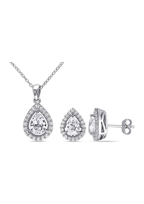 Lab Created 2-Piece Set Created White Sapphire Teardrop Halo Necklace and Stud Earrings in Sterling Silver