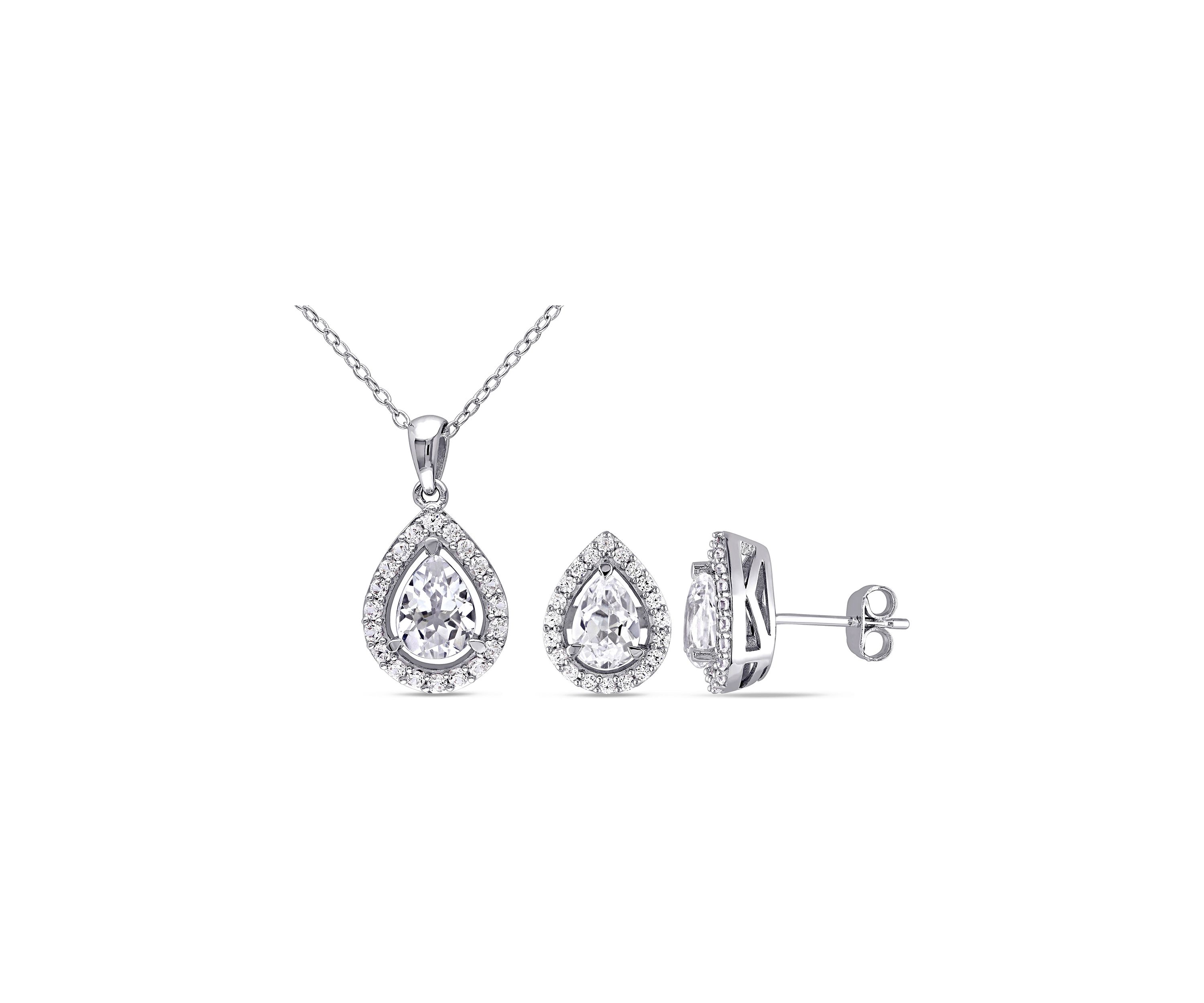 Lab Created 2-Piece Set Created White Sapphire Teardrop Halo Necklace and Stud Earrings in Sterling Silver