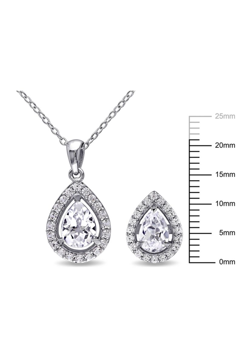 Lab Created 2-Piece Set Created White Sapphire Teardrop Halo Necklace and Stud Earrings in Sterling Silver