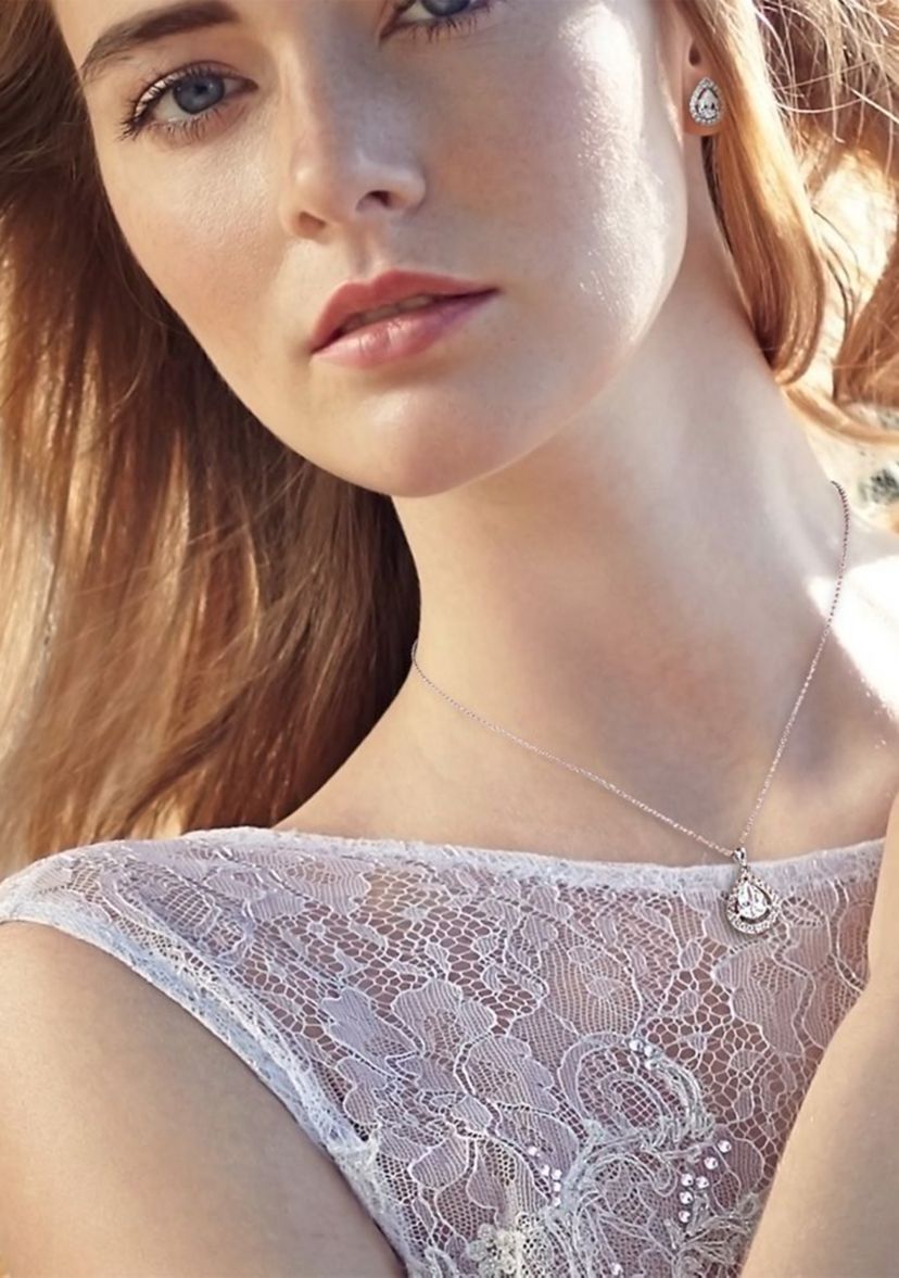 Lab Created 2-Piece Set Created White Sapphire Teardrop Halo Necklace and Stud Earrings in Sterling Silver
