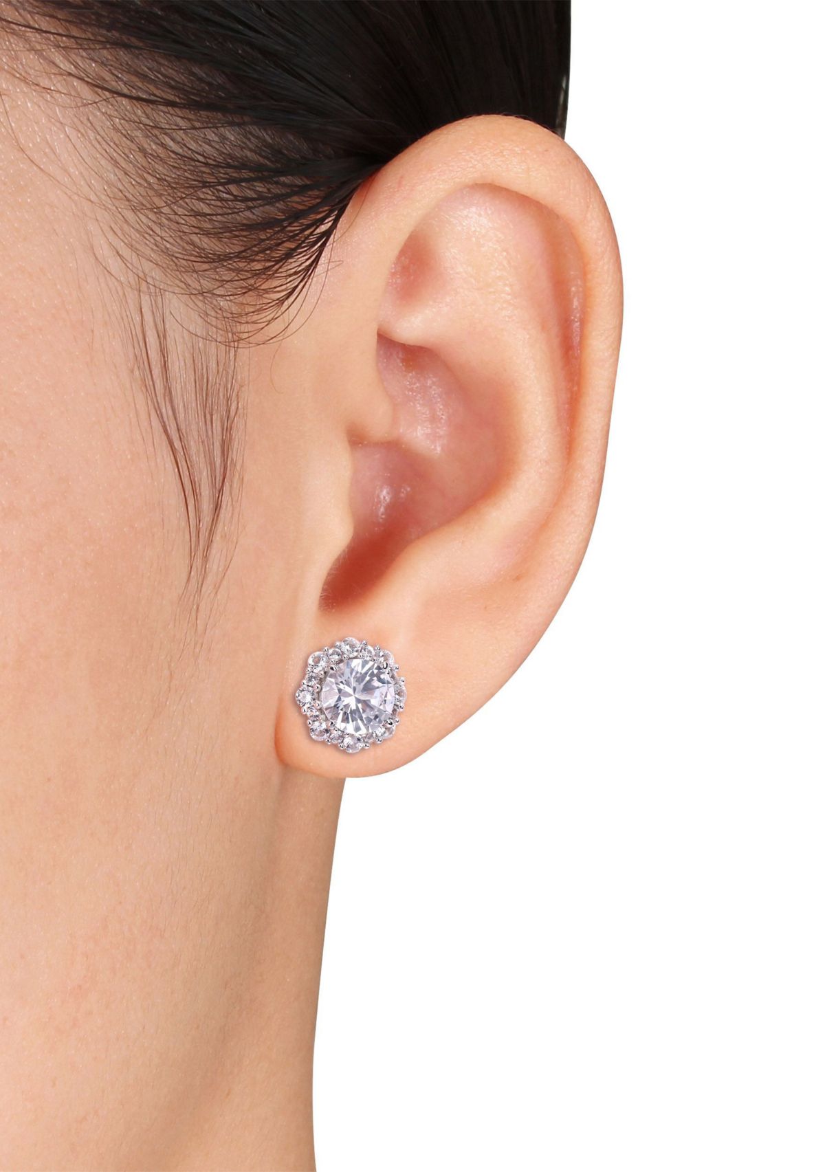 Lab Created 6.1 CT TGW Created White Sapphire Floral Halo Earrings in 10k White Gold
