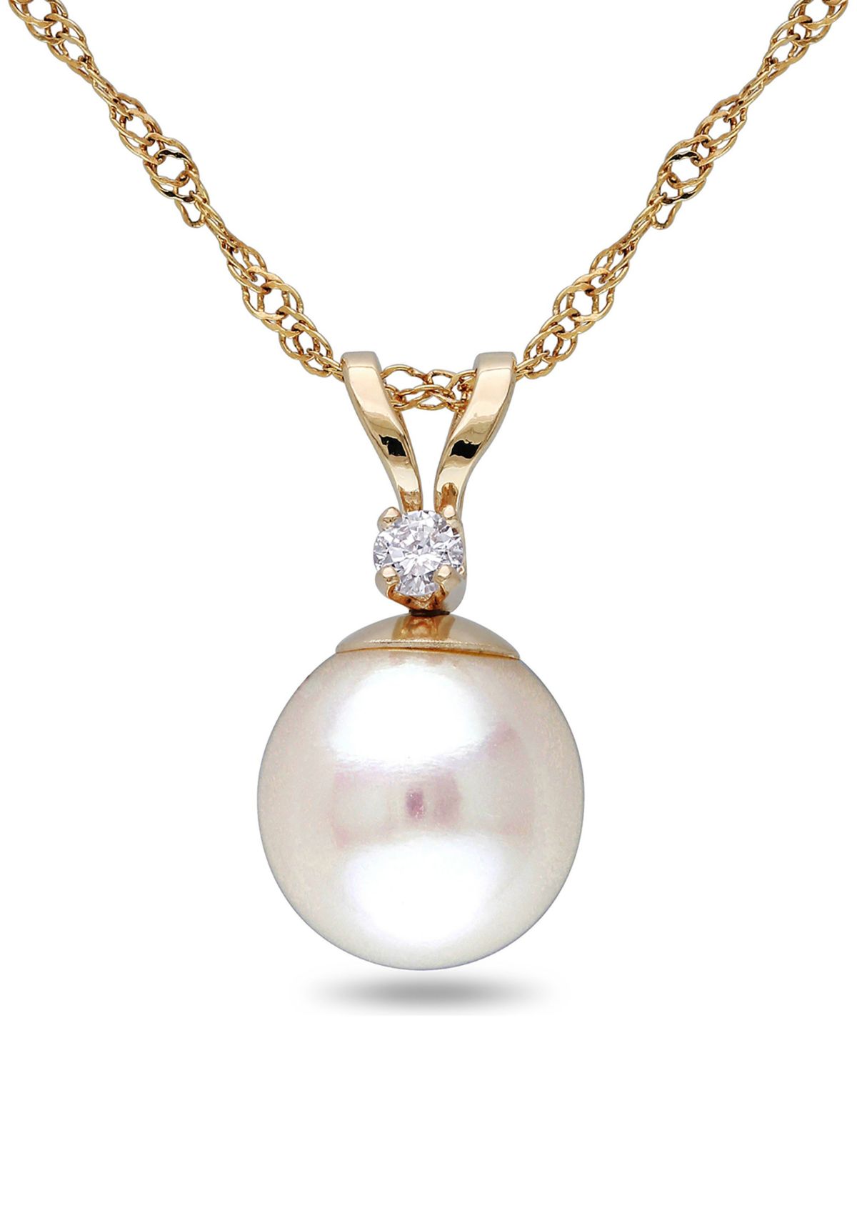 7-7.5MM Cultured Pearl and Diamond Accent Solitaire Necklace in 14k Yellow Gold