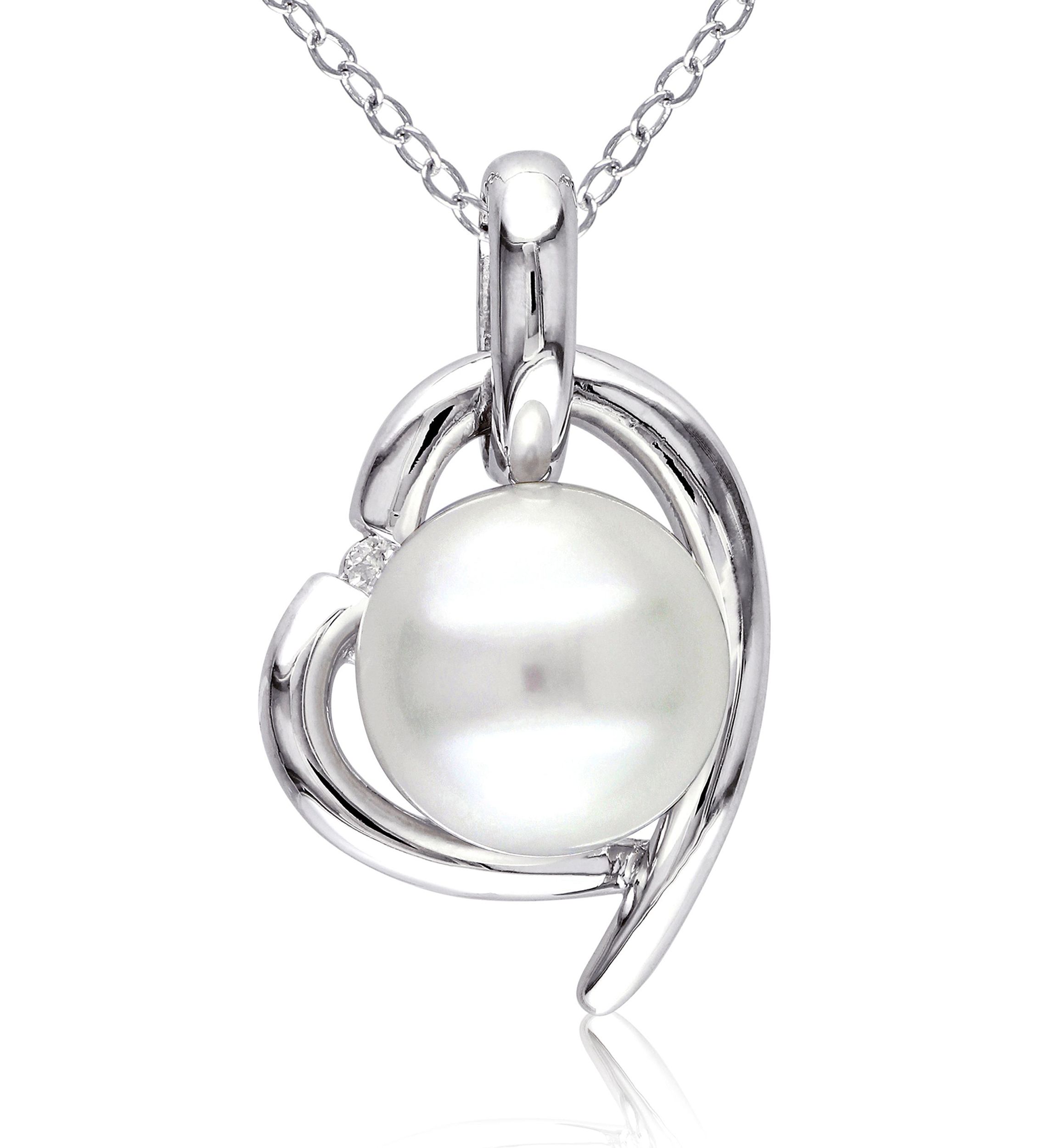 8.5-9MM Cultured Freshwater Pearl and Diamond Heart Necklace in Sterling Silver