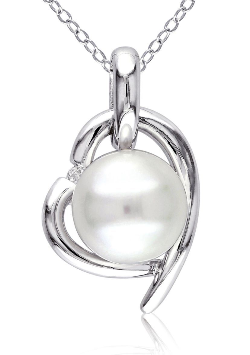 8.5-9MM Cultured Freshwater Pearl and Diamond Heart Necklace in Sterling Silver