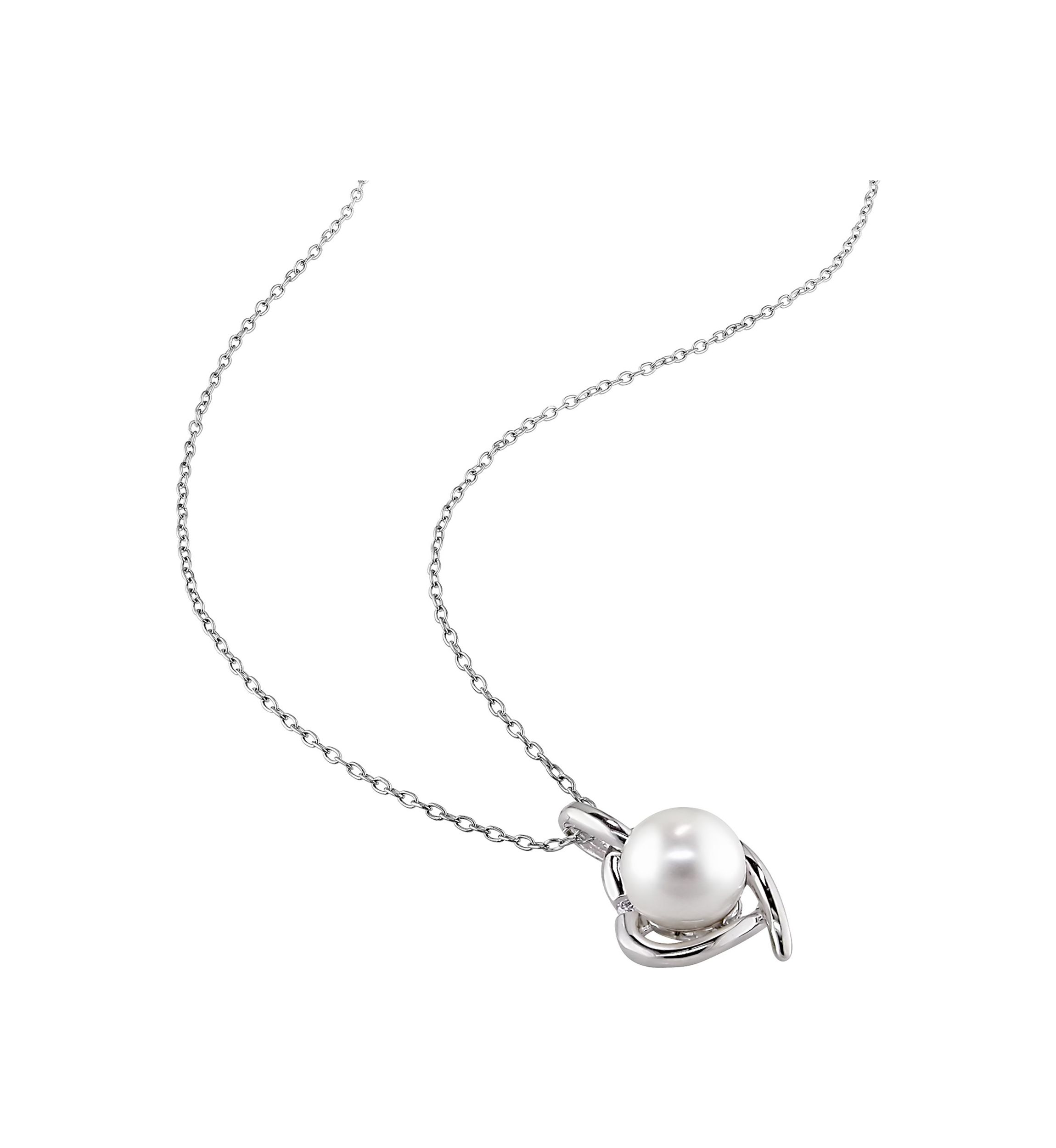 8.5-9MM Cultured Freshwater Pearl and Diamond Heart Necklace in Sterling Silver
