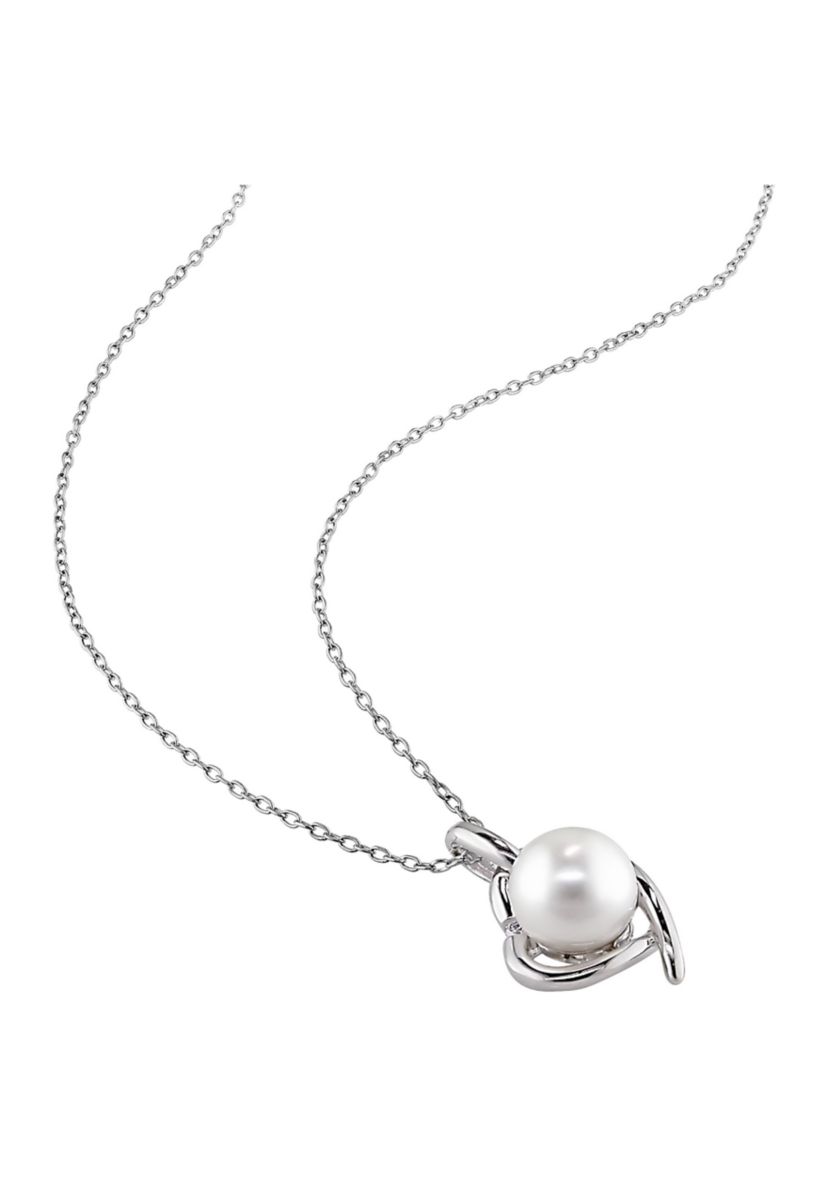 8.5-9MM Cultured Freshwater Pearl and Diamond Heart Necklace in Sterling Silver