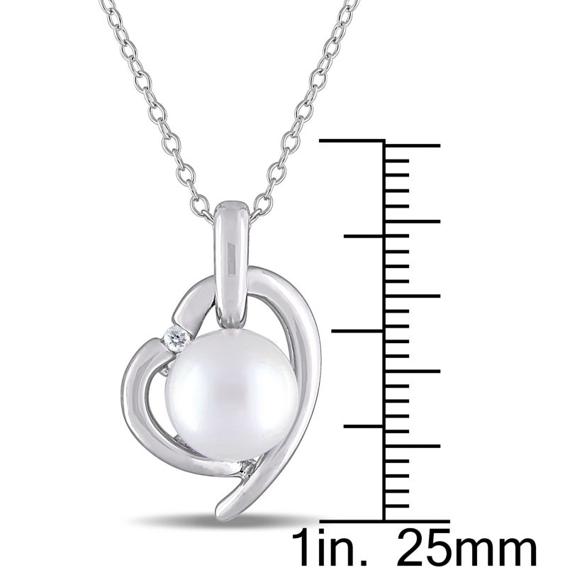 8.5-9MM Cultured Freshwater Pearl and Diamond Heart Necklace in Sterling Silver