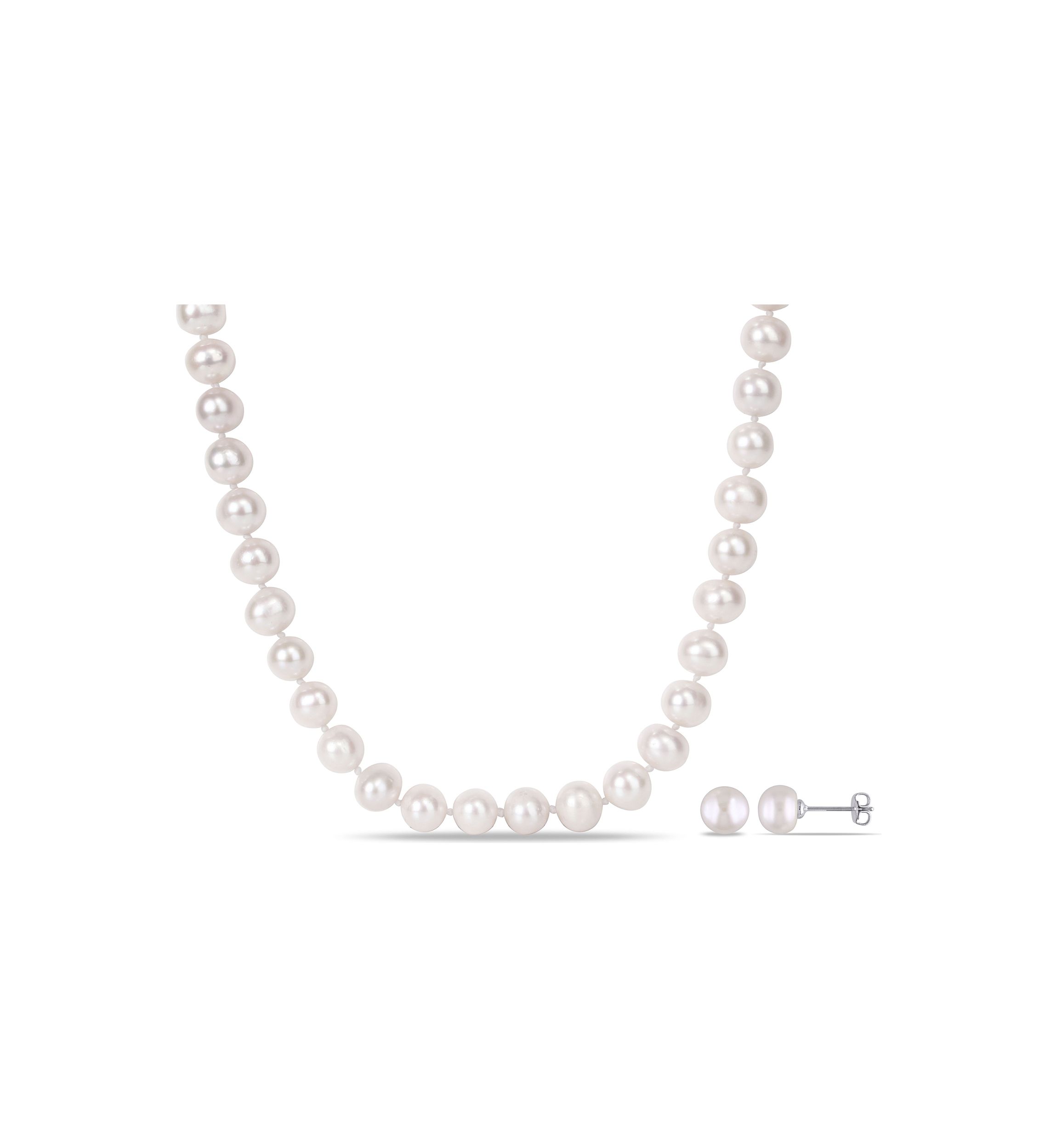 2-Piece Set 8-10MM Freshwater Cultured Pearl 18" Strand Necklace and Stud Earrings