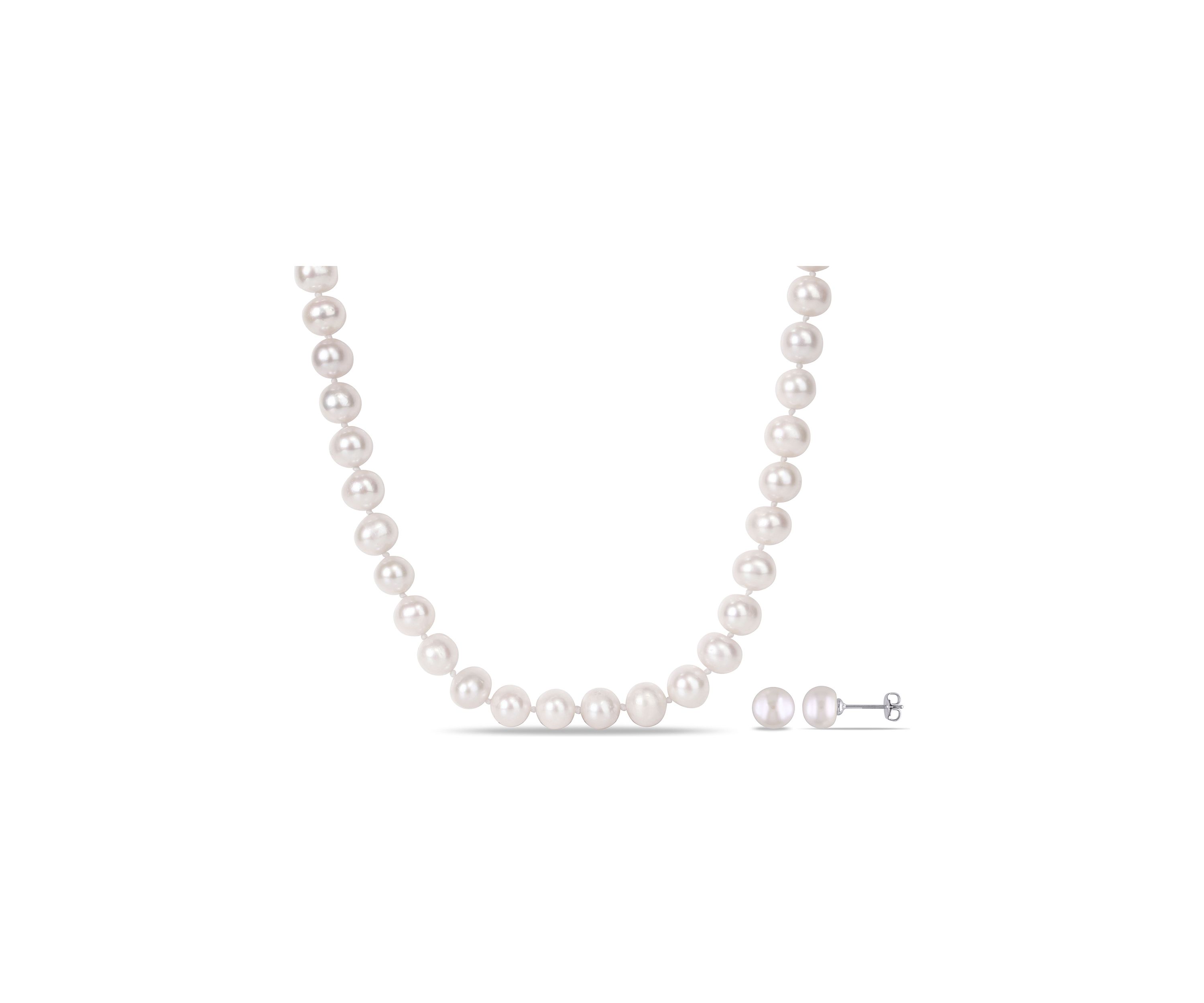 2-Piece Set 8-10MM Freshwater Cultured Pearl 18" Strand Necklace and Stud Earrings