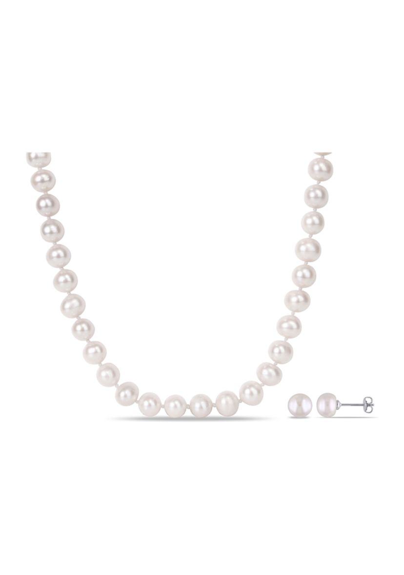 2-Piece Set 8-10MM Freshwater Cultured Pearl 18" Strand Necklace and Stud Earrings
