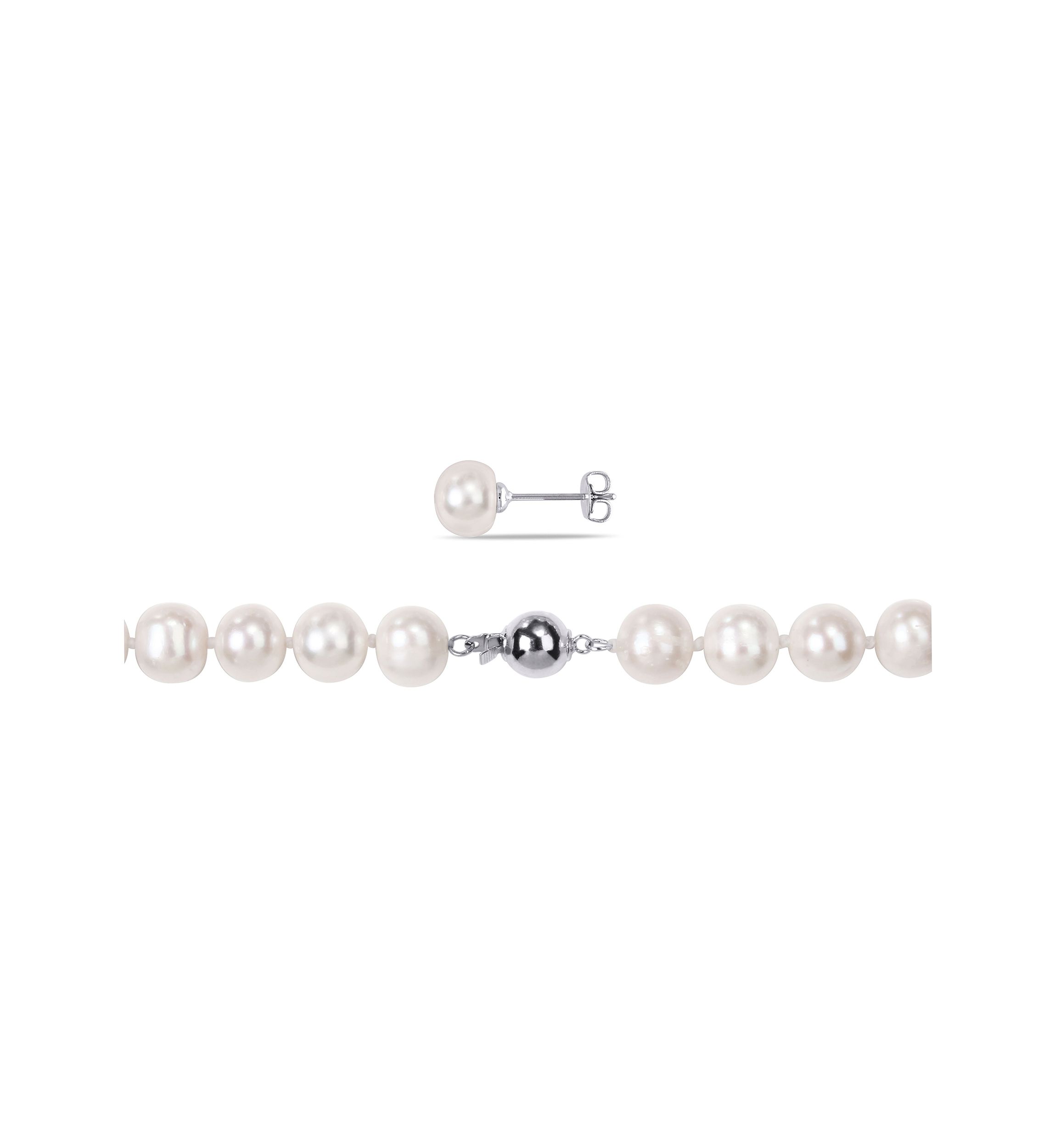 2-Piece Set 8-10MM Freshwater Cultured Pearl 18" Strand Necklace and Stud Earrings