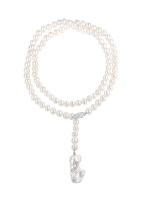 Belk & Co 9-10MM Cultured Freshwater Pearl and Cubic Zirconia Lariat Abstract Drop Necklace in Sterling Silver, White
