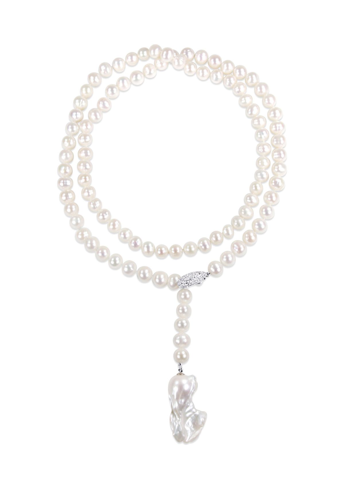 9-10MM Cultured Freshwater Pearl and Cubic Zirconia Lariat Abstract Drop Necklace in Sterling Silver