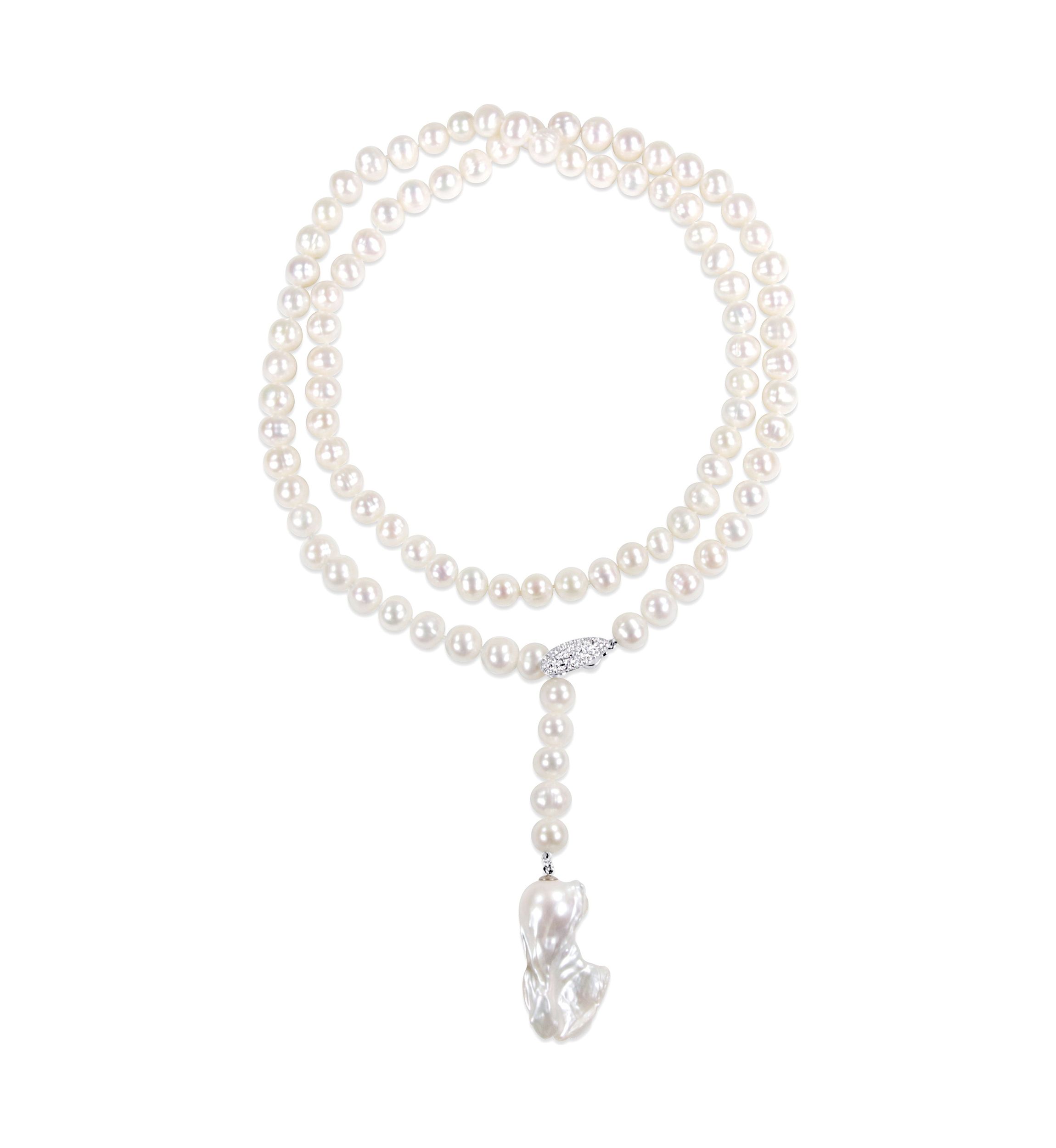 9-10MM Cultured Freshwater Pearl and Cubic Zirconia Lariat Abstract Drop Necklace in Sterling Silver