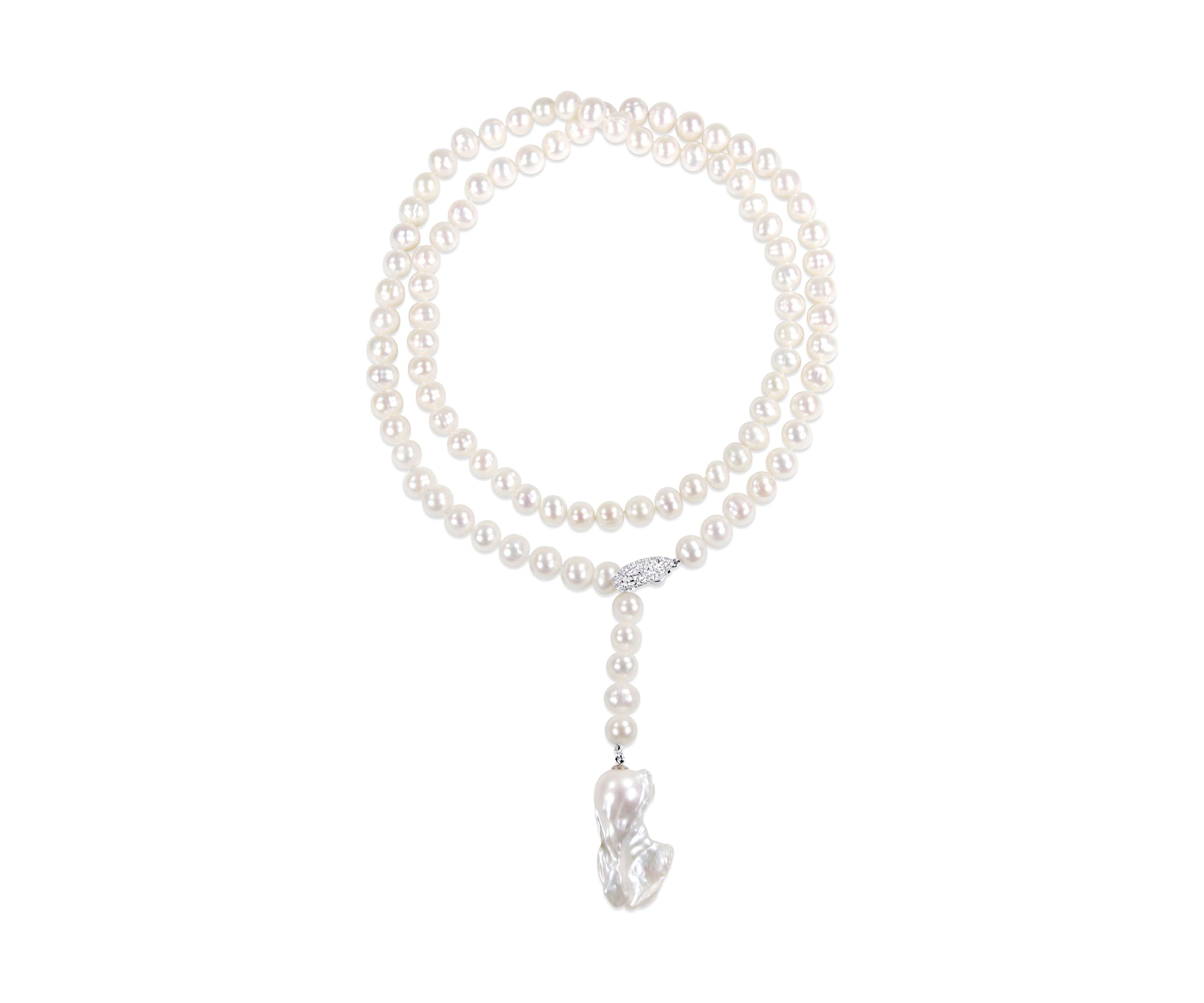 9-10MM Cultured Freshwater Pearl and Cubic Zirconia Lariat Abstract Drop Necklace in Sterling Silver