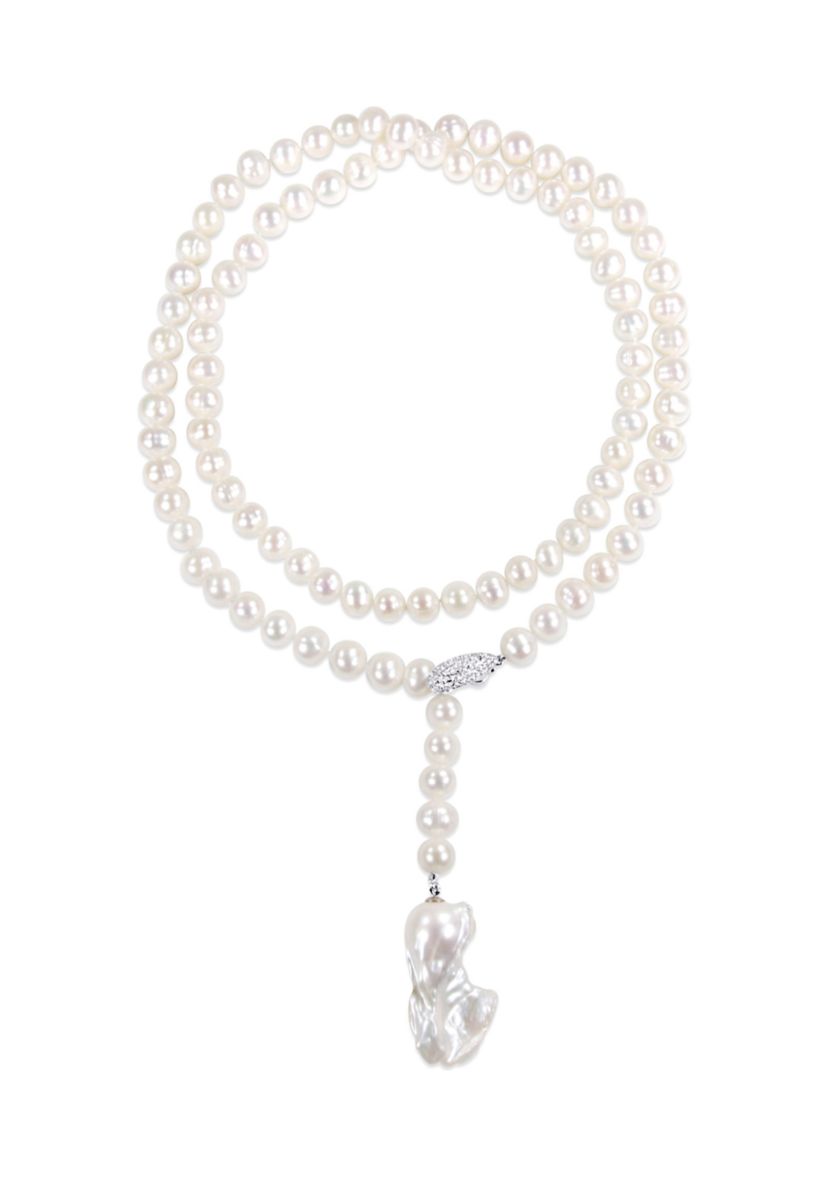 9-10MM Cultured Freshwater Pearl and Cubic Zirconia Lariat Abstract Drop Necklace in Sterling Silver