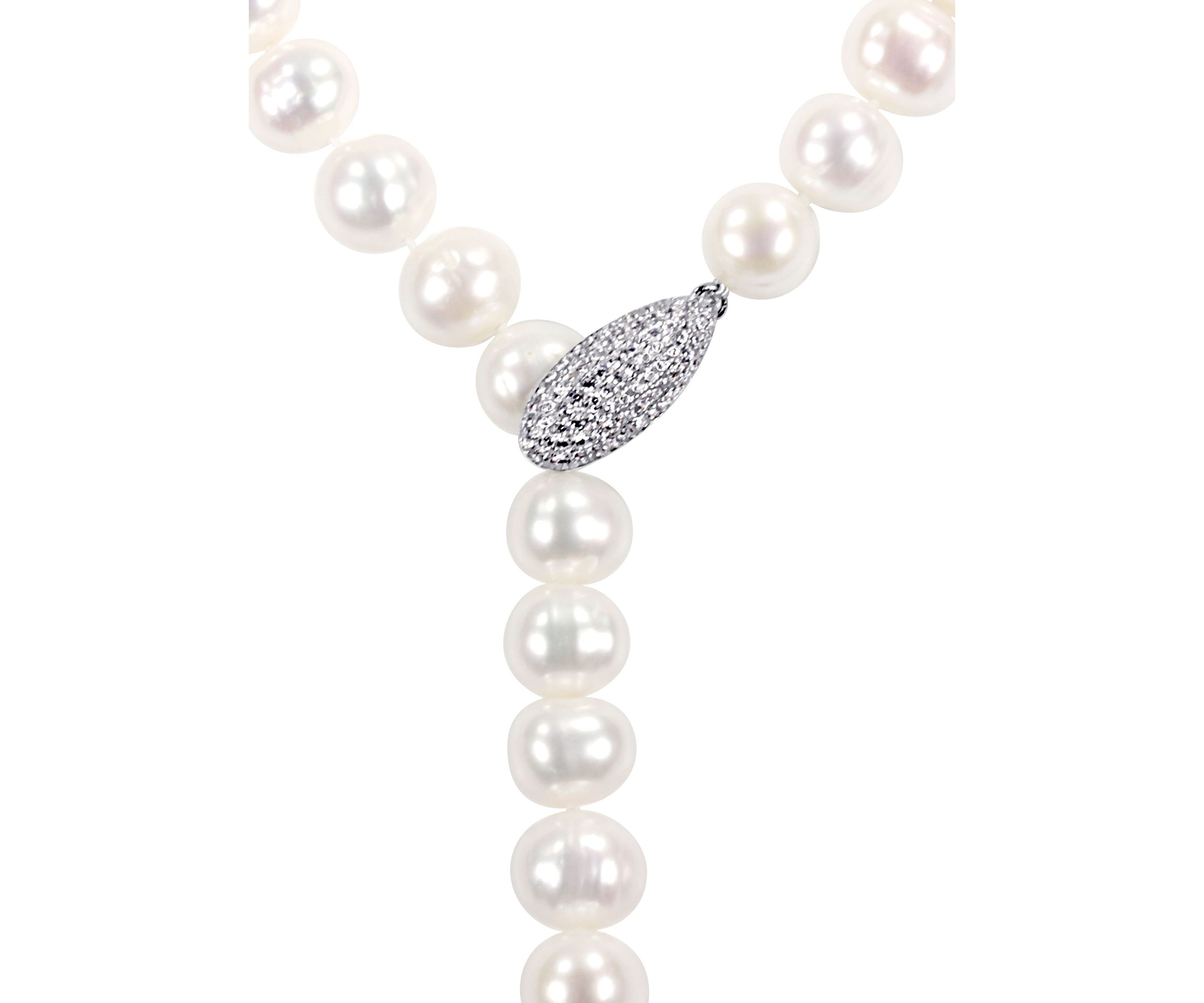9-10MM Cultured Freshwater Pearl and Cubic Zirconia Lariat Abstract Drop Necklace in Sterling Silver