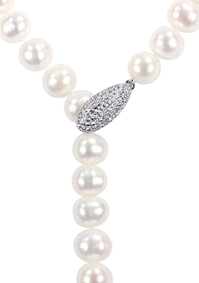 9-10MM Cultured Freshwater Pearl and Cubic Zirconia Lariat Abstract Drop Necklace in Sterling Silver