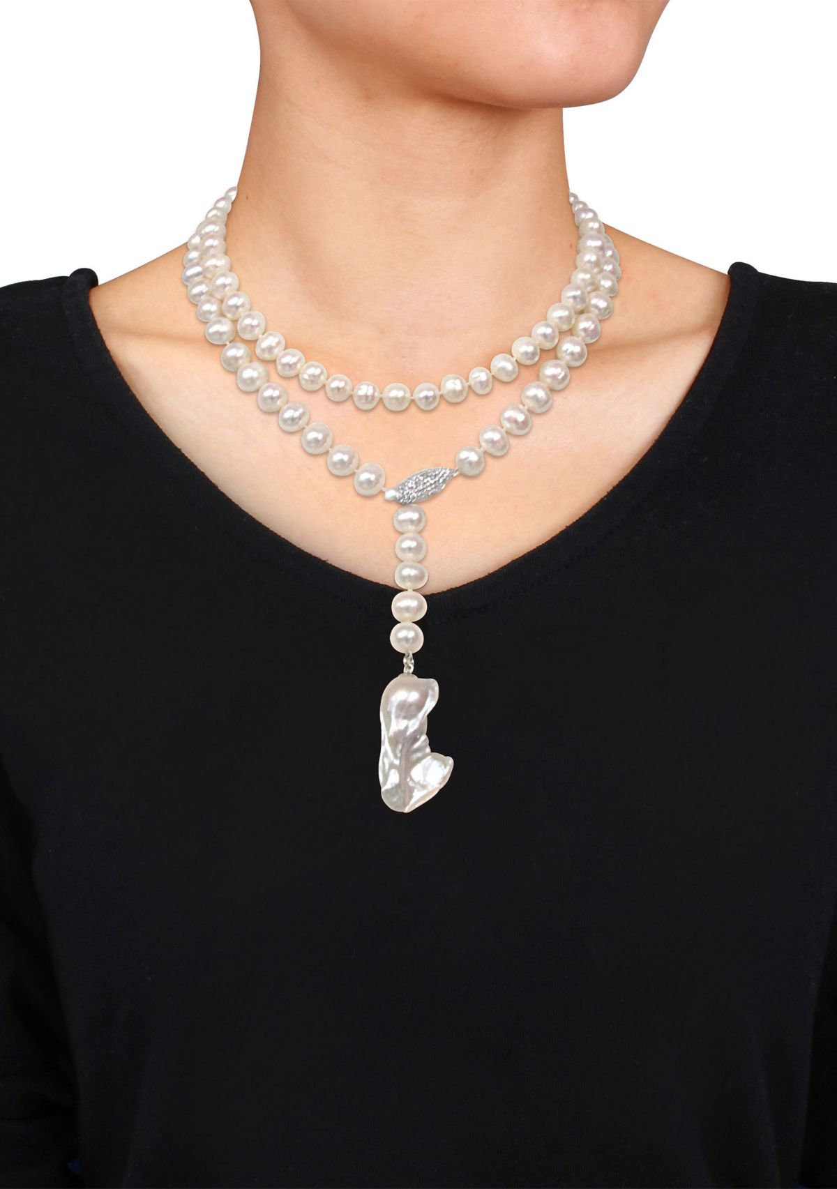 9-10MM Cultured Freshwater Pearl and Cubic Zirconia Lariat Abstract Drop Necklace in Sterling Silver