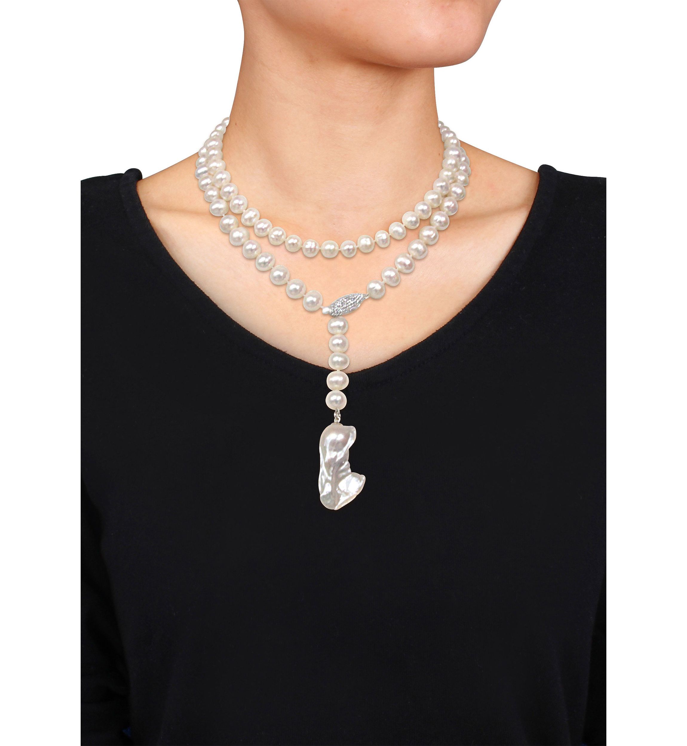 9-10MM Cultured Freshwater Pearl and Cubic Zirconia Lariat Abstract Drop Necklace in Sterling Silver