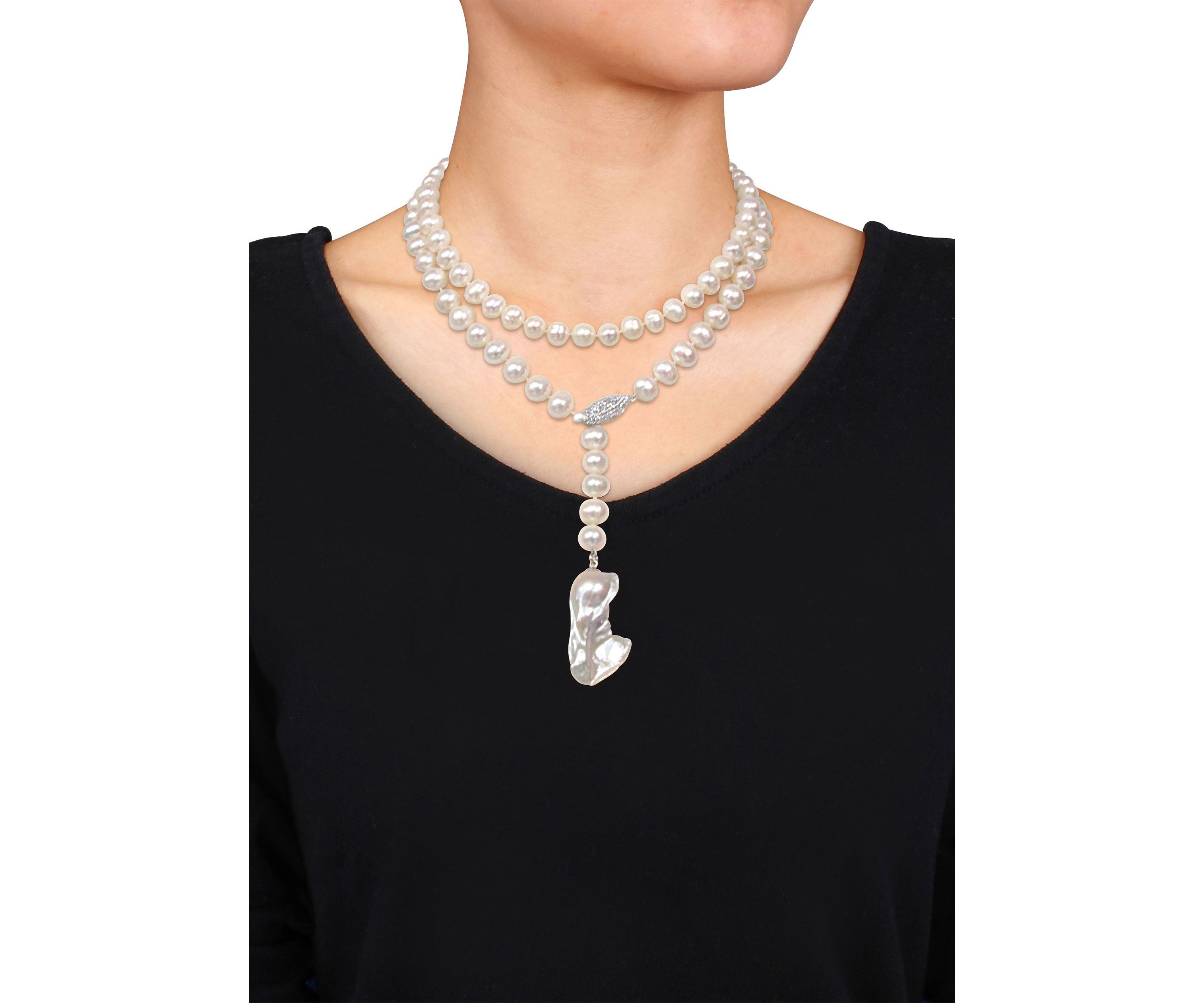 9-10MM Cultured Freshwater Pearl and Cubic Zirconia Lariat Abstract Drop Necklace in Sterling Silver