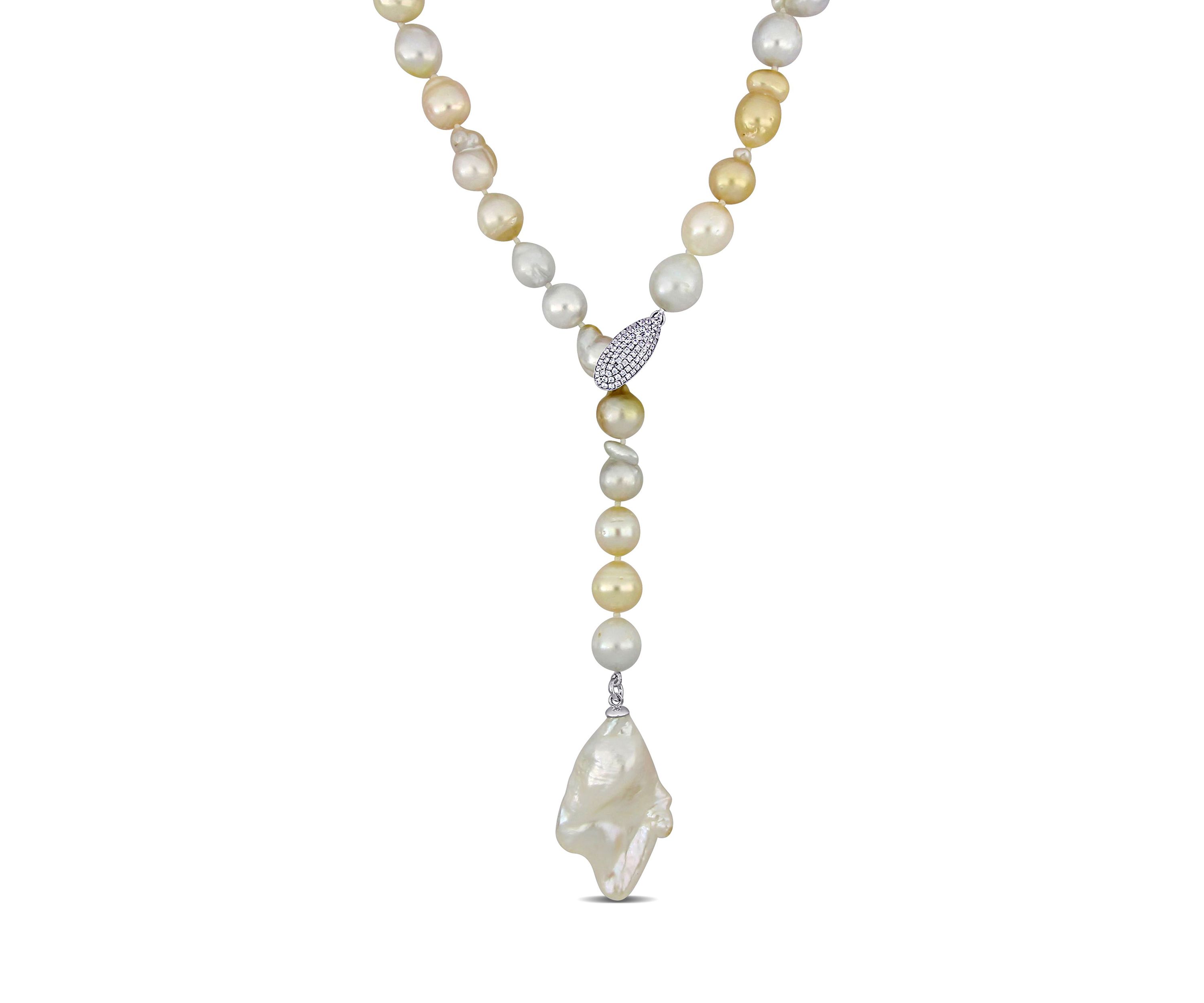 8-11MM Cultured Freshwater and Golden South Sea Pearl Lariat Necklace in Sterling Silver
