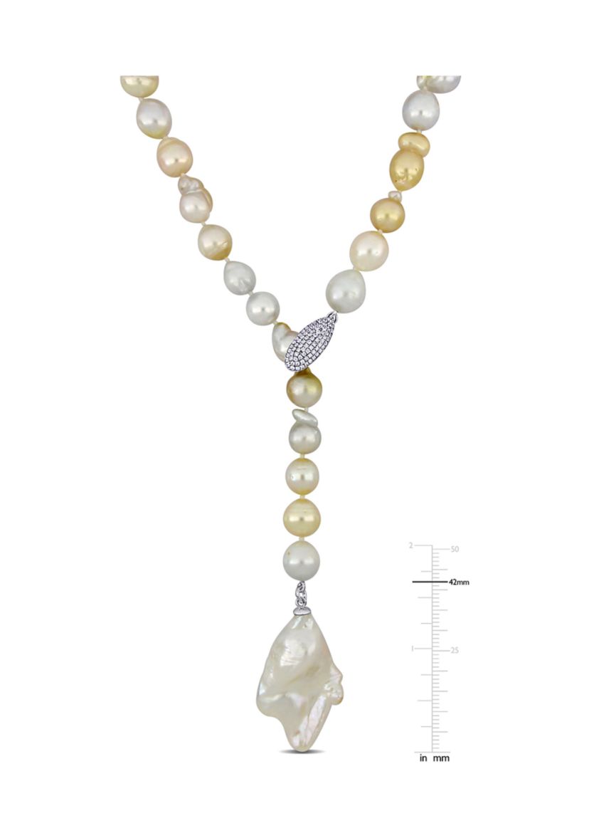 8-11MM Cultured Freshwater and Golden South Sea Pearl Lariat Necklace in Sterling Silver
