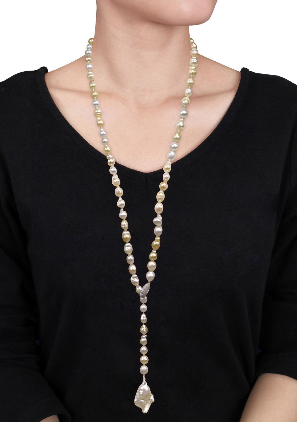 8-11MM Cultured Freshwater and Golden South Sea Pearl Lariat Necklace in Sterling Silver