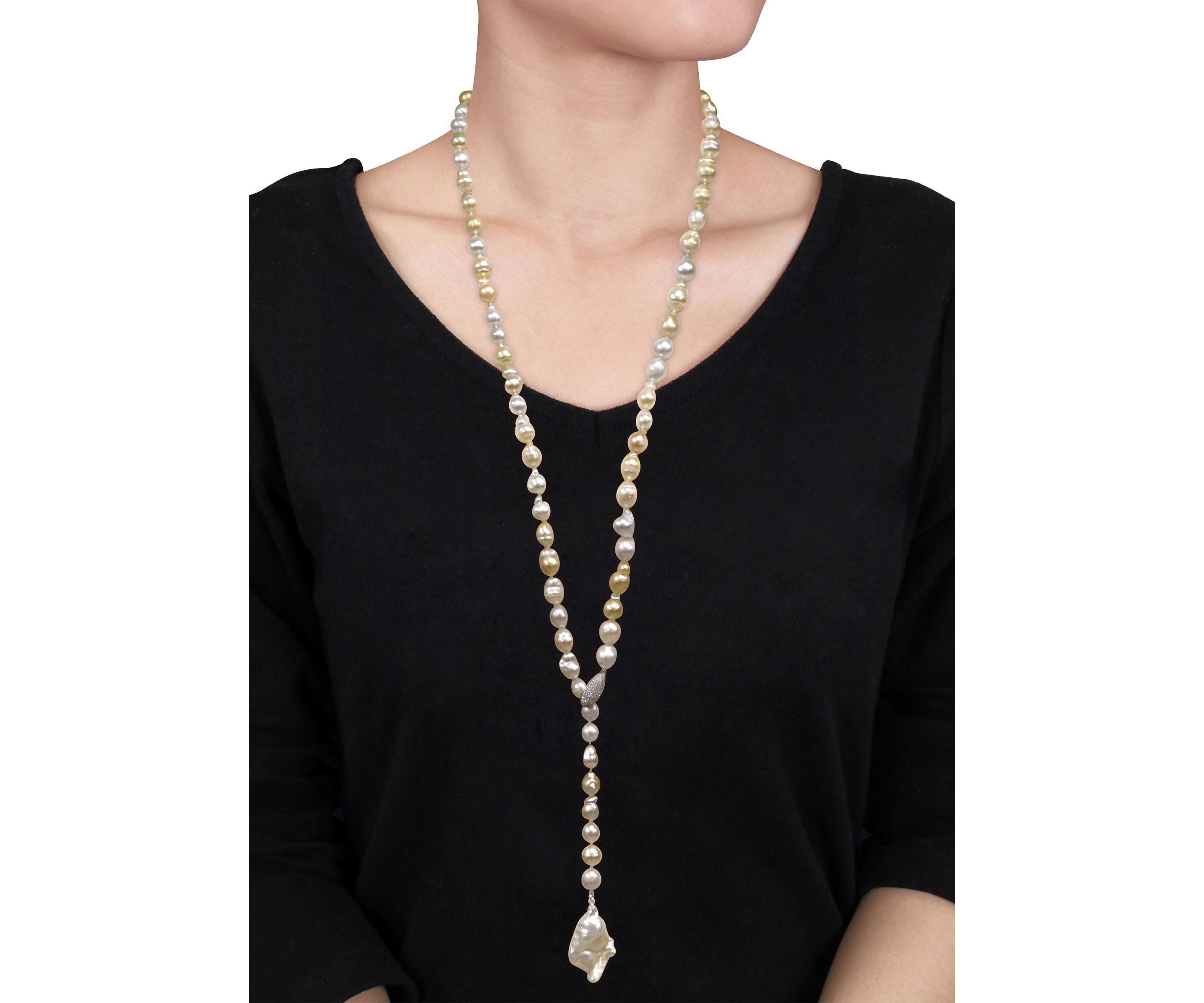 8-11MM Cultured Freshwater and Golden South Sea Pearl Lariat Necklace in Sterling Silver