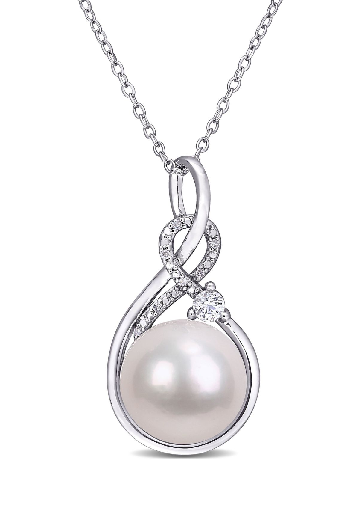 11-12MM Cultured Freshwater Pearl Created White Sapphire and Diamond-Accent Twist Necklace in Sterling Silver