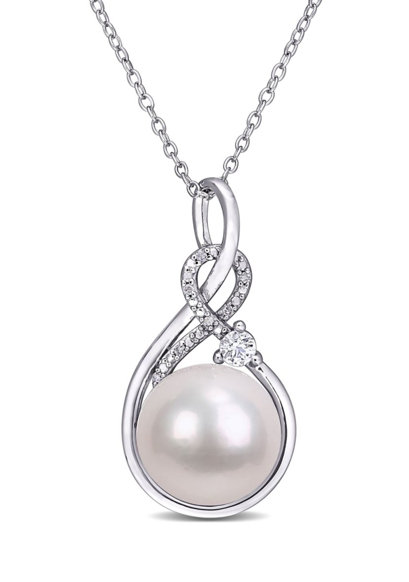 11-12MM Cultured Freshwater Pearl Created White Sapphire and Diamond-Accent Twist Necklace in Sterling Silver