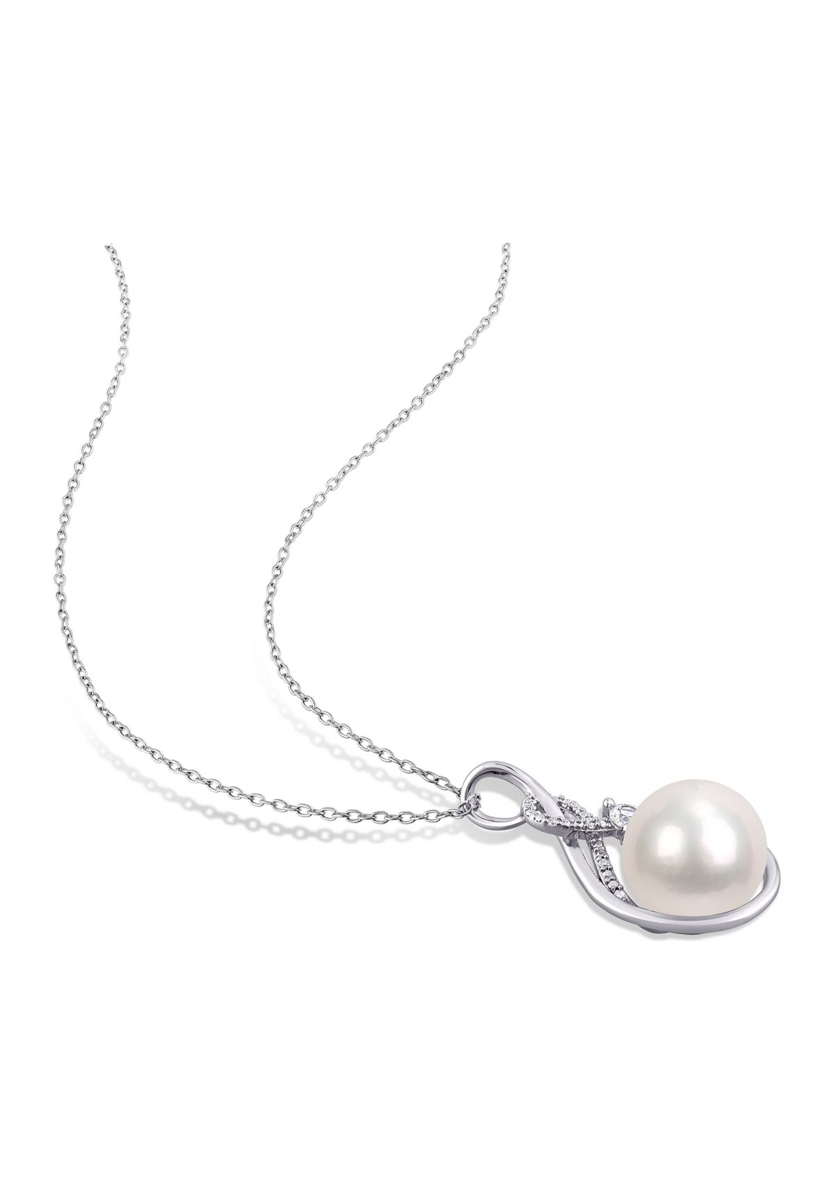 11-12MM Cultured Freshwater Pearl Created White Sapphire and Diamond-Accent Twist Necklace in Sterling Silver
