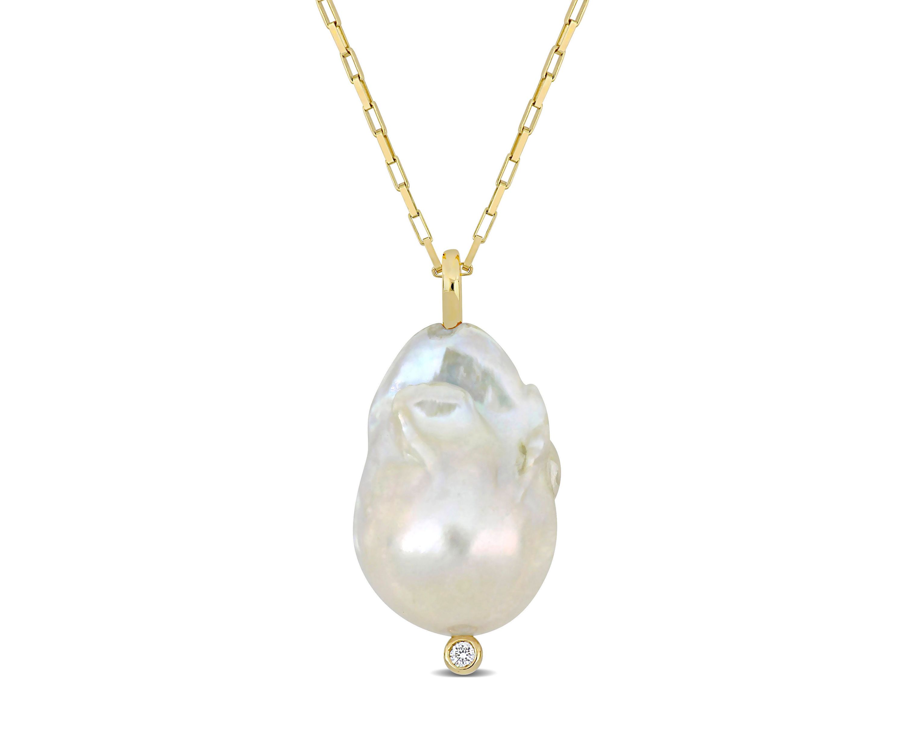 14.5-15MM Freshwater Cultured Pearl and Diamond Accent Necklace in 14K Yellow Gold