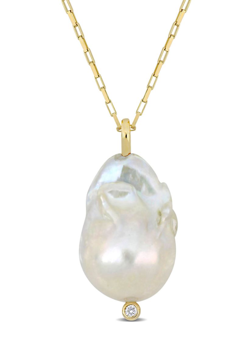 14.5-15MM Freshwater Cultured Pearl and Diamond Accent Necklace in 14K Yellow Gold