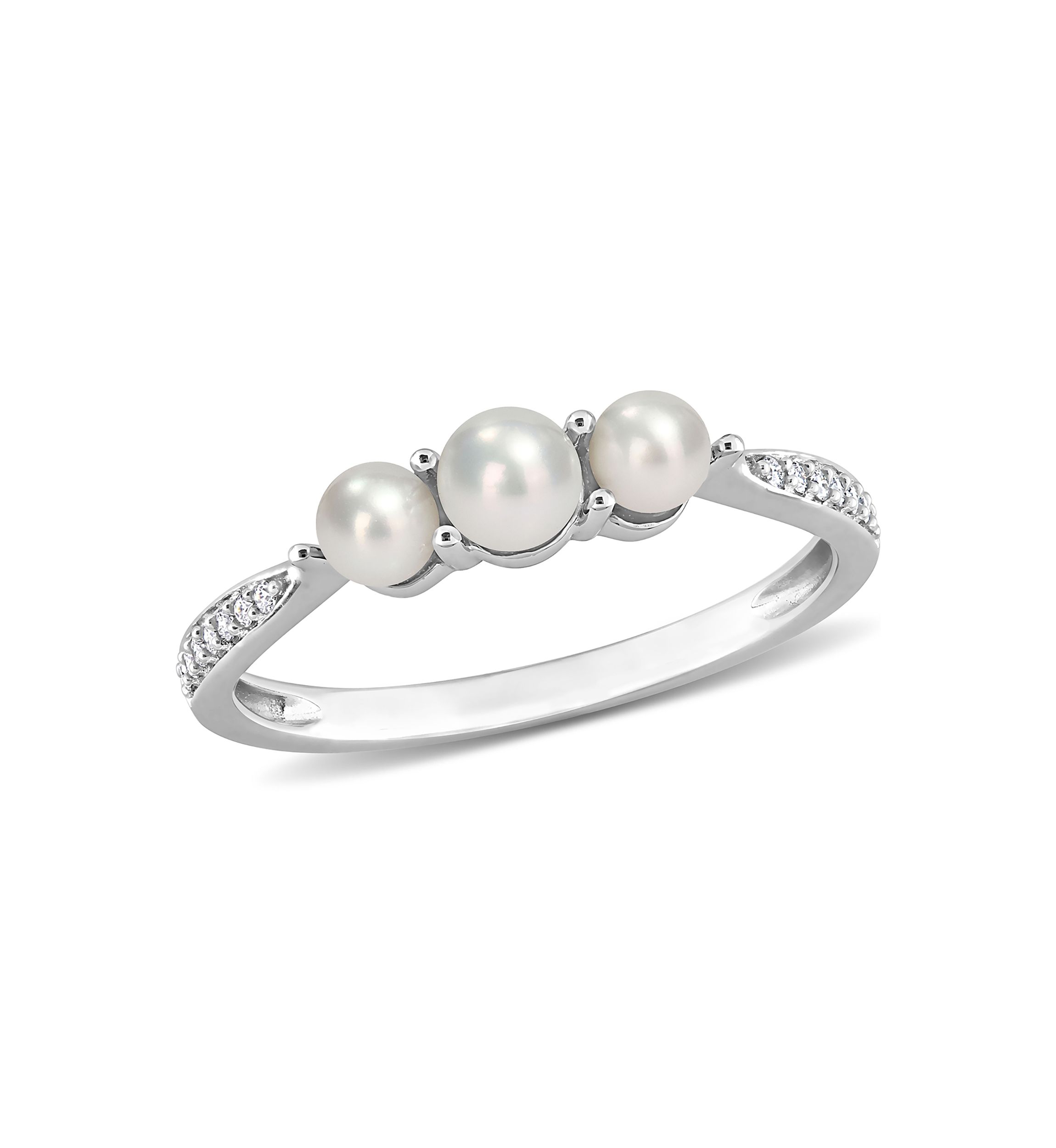 3-4MM Cultured Freshwater Pearl and Diamond Accent 3-Stone Ring in 14k White Gold