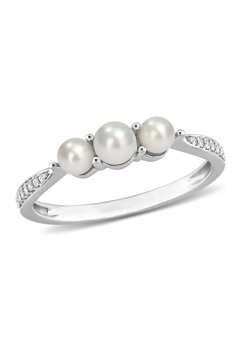 3-4MM Cultured Freshwater Pearl and Diamond Accent 3-Stone Ring in 14k White Gold