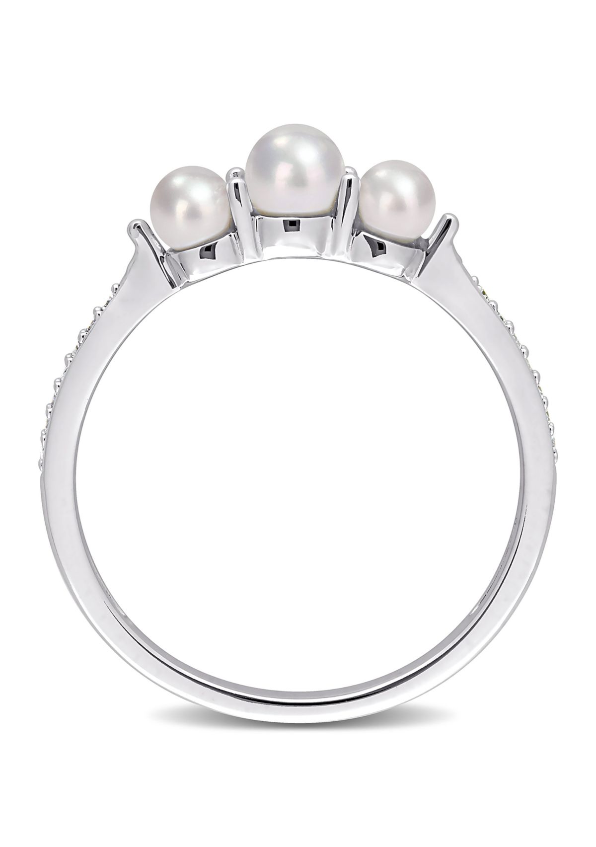 3-4MM Cultured Freshwater Pearl and Diamond Accent 3-Stone Ring in 14k White Gold