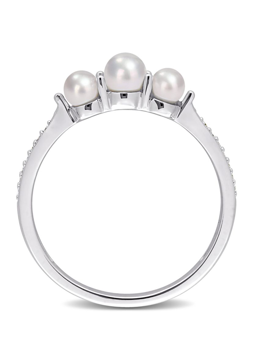 3-4MM Cultured Freshwater Pearl and Diamond Accent 3-Stone Ring in 14k White Gold