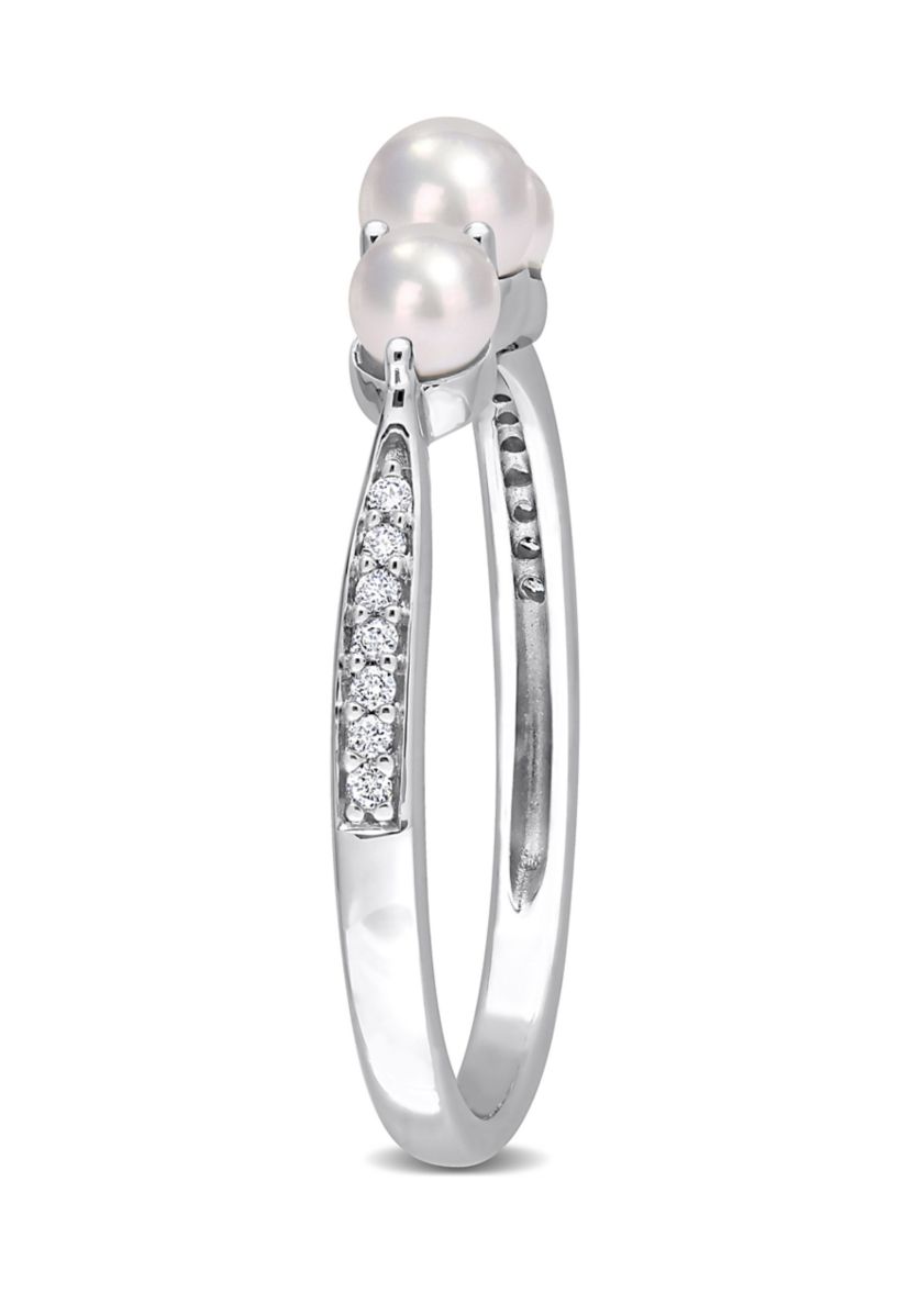 3-4MM Cultured Freshwater Pearl and Diamond Accent 3-Stone Ring in 14k White Gold